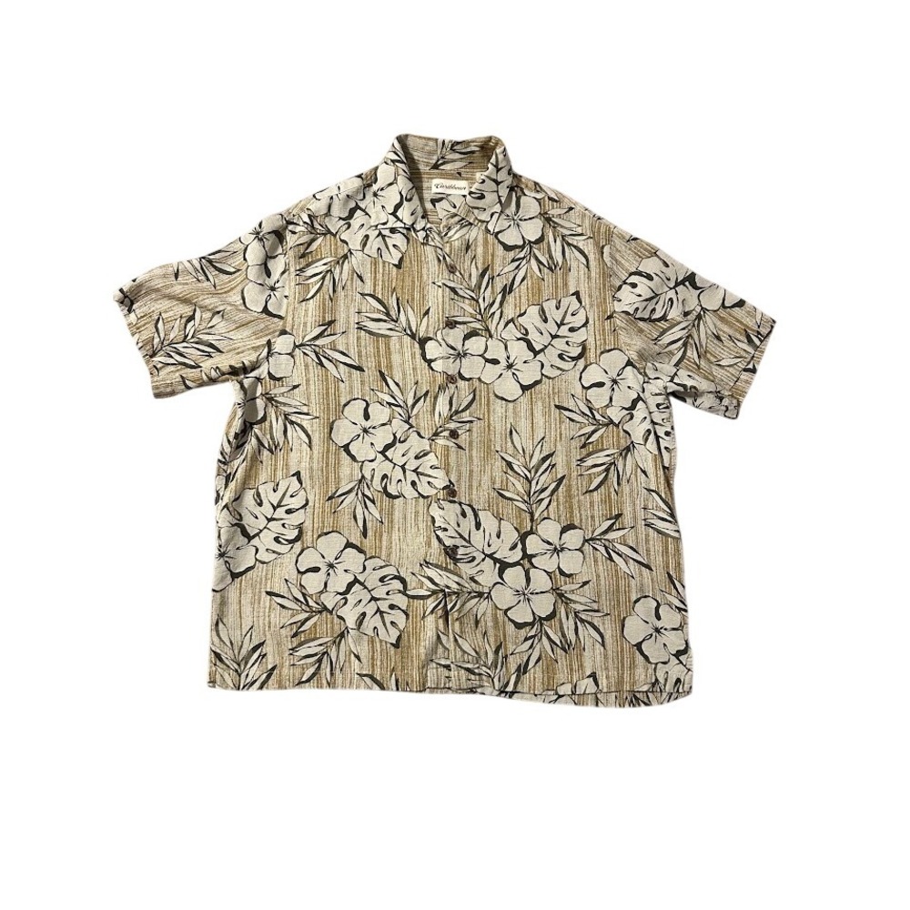 Caribbean Mens XL‎ Silk Viscose Tropical Hawaiian Shirt Aloha Floral Tan